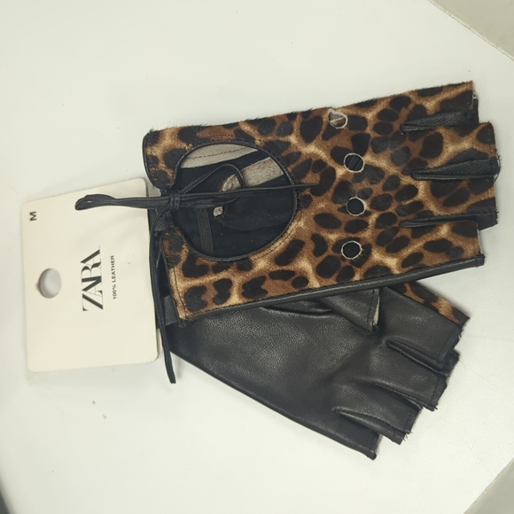 Zara  Leopard animal print leather Fingerless  gloves NWT - Picture 2 of 7